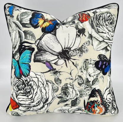 Double-Sided Cushion Cover with Floral & Butterfly Design And Piped Edges